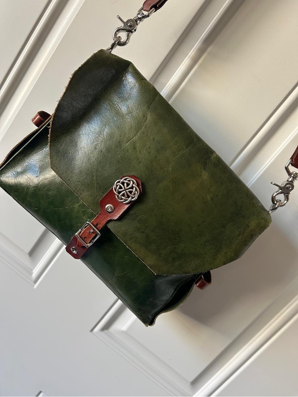 Green Leather Crossbody Messenger Bag with Brown Strap